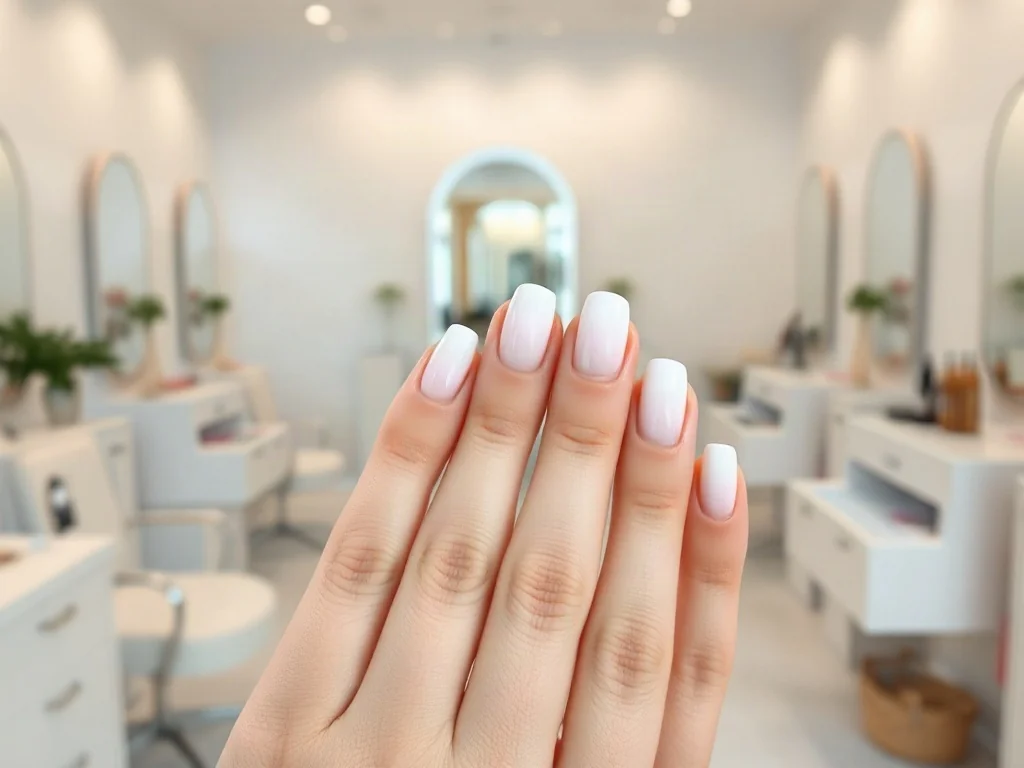 Dłonie z eleganckim manicure typu babyboomer z płynnym przejściem bieli w róż w minimalistycznym salonie kosmetycznym.