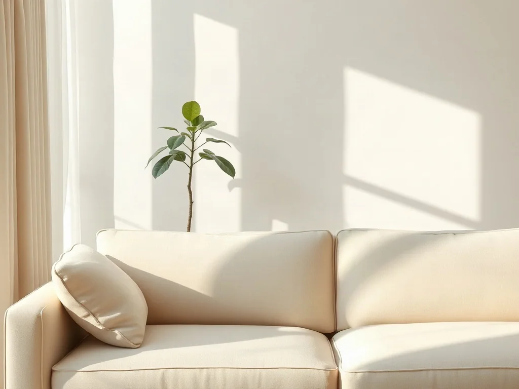 Minimalistyczny salon w odcieniach beżu z przytulną sofą, rośliną i ciepłym, naturalnym oświetleniem.
