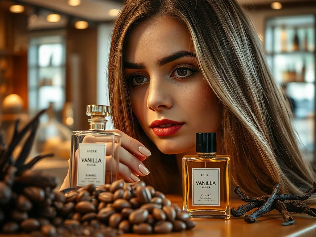 Kobieta wąchająca perfumy w otoczeniu ziaren kakao, wanilii i karmelu, ilustrująca słodkie nuty zapachowe typu gourmand.