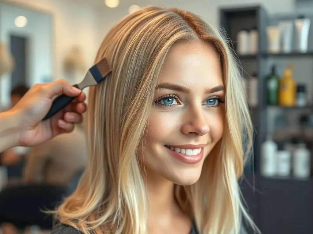 Stylistka czesze zdrowe, blond włosy klientki w nowoczesnym salonie fryzjerskim.