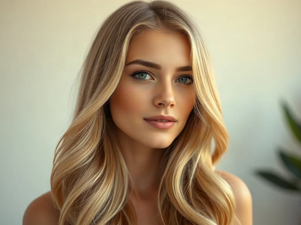 Kobieta o długich, wielotonowych blond włosach w otoczeniu próbek kolorystycznych, prezentująca różne odcienie blondu.