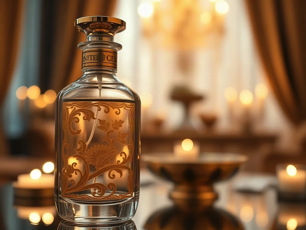Elegancki flakon perfum ze złotymi orientalnymi zdobieniami na tle luksusowego, nastrojowego wnętrza.